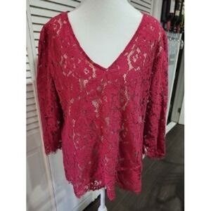 Adiva Womens Rose Red Lace V Neck 3/4 Sleeve Lined Blouse Size Large